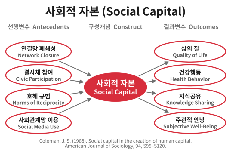 사회적 자본(Social Capital)의 선행변수와 결과변수 개념도. 연결망 폐쇄성, 결사체 참여, 호혜 규범, 사회관계망 이용이 사회적 자본에 영향을 주고, 사회적 자본은 삶의 질, 건강행동, 지식공유, 주관적 안녕으로 이어진다