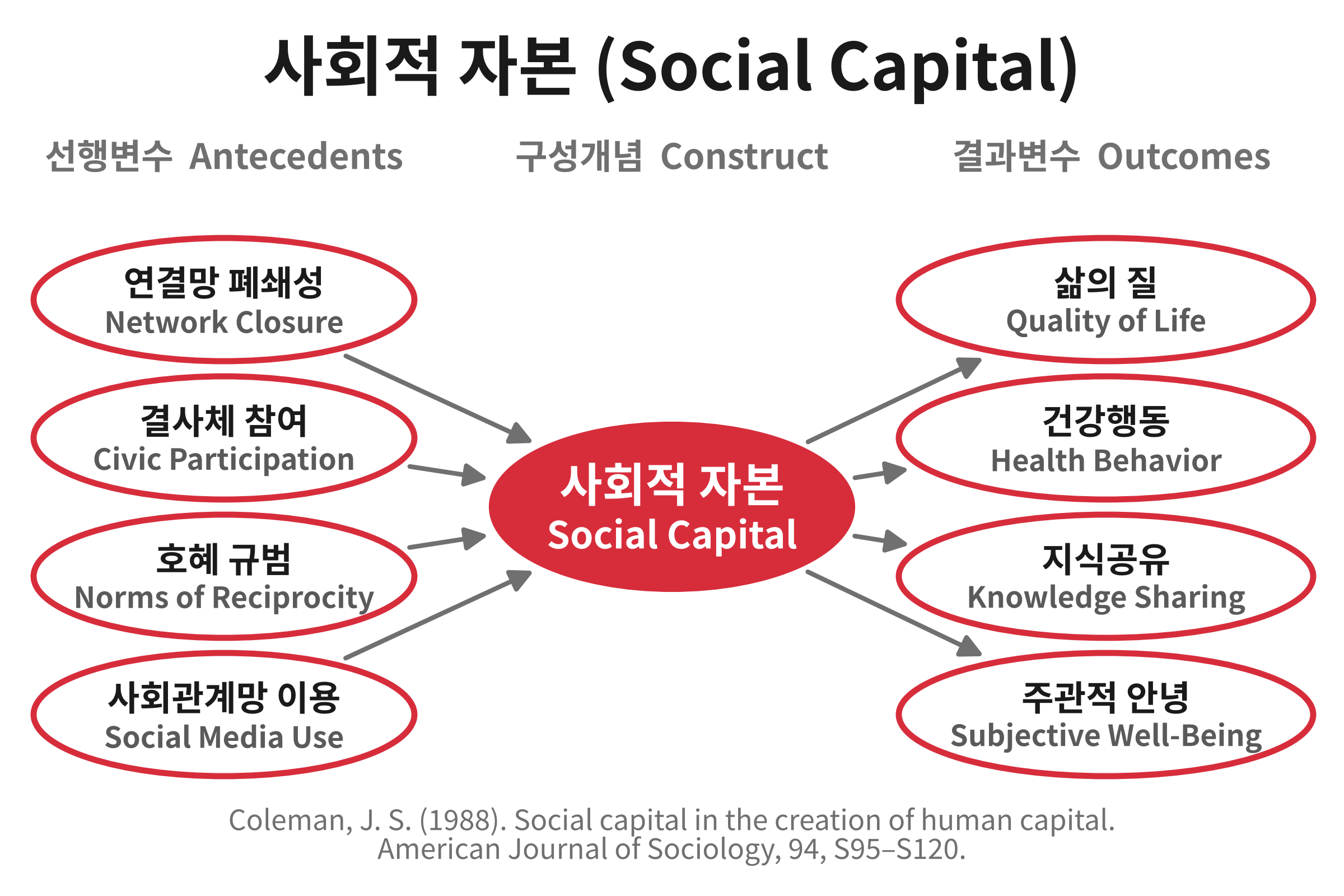 사회적 자본(Social Capital)의 선행변수와 결과변수 개념도. 연결망 폐쇄성, 결사체 참여, 호혜 규범, 사회관계망 이용이 사회적 자본에 영향을 주고, 사회적 자본은 삶의 질, 건강행동, 지식공유, 주관적 안녕으로 이어진다