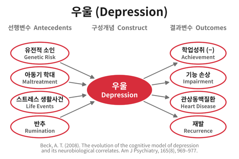 우울(Depression)이 무엇에서 비롯되고 무엇으로 이어지는지를 그린 개념도. 유전적 소인과 아동기 학대, 스트레스 생활사건, 반추가 우울에 영향을 주고, 우울은 학업성취 저하와 기능 손상, 관상동맥질환 위험, 재발로 이어진다