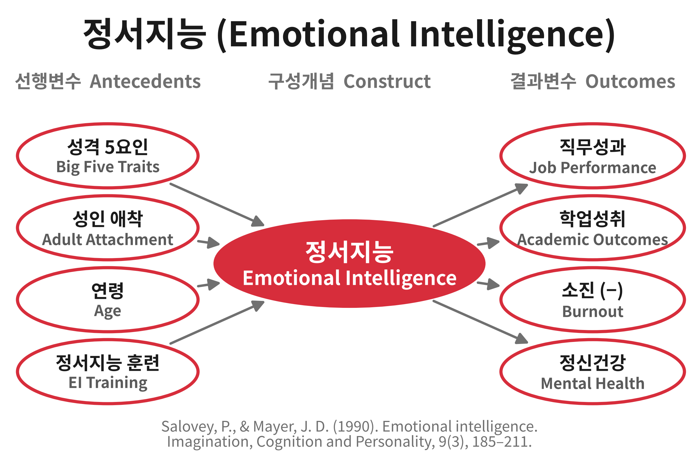 정서지능(Emotional Intelligence)의 선행변수와 결과변수를 나타내는 개념도. 성격 5요인, 성인 애착, 연령, 정서지능 훈련이 정서지능에 영향을 주고, 정서지능은 직무성과, 학업성취, 소진, 정신건강으로 이어진다
