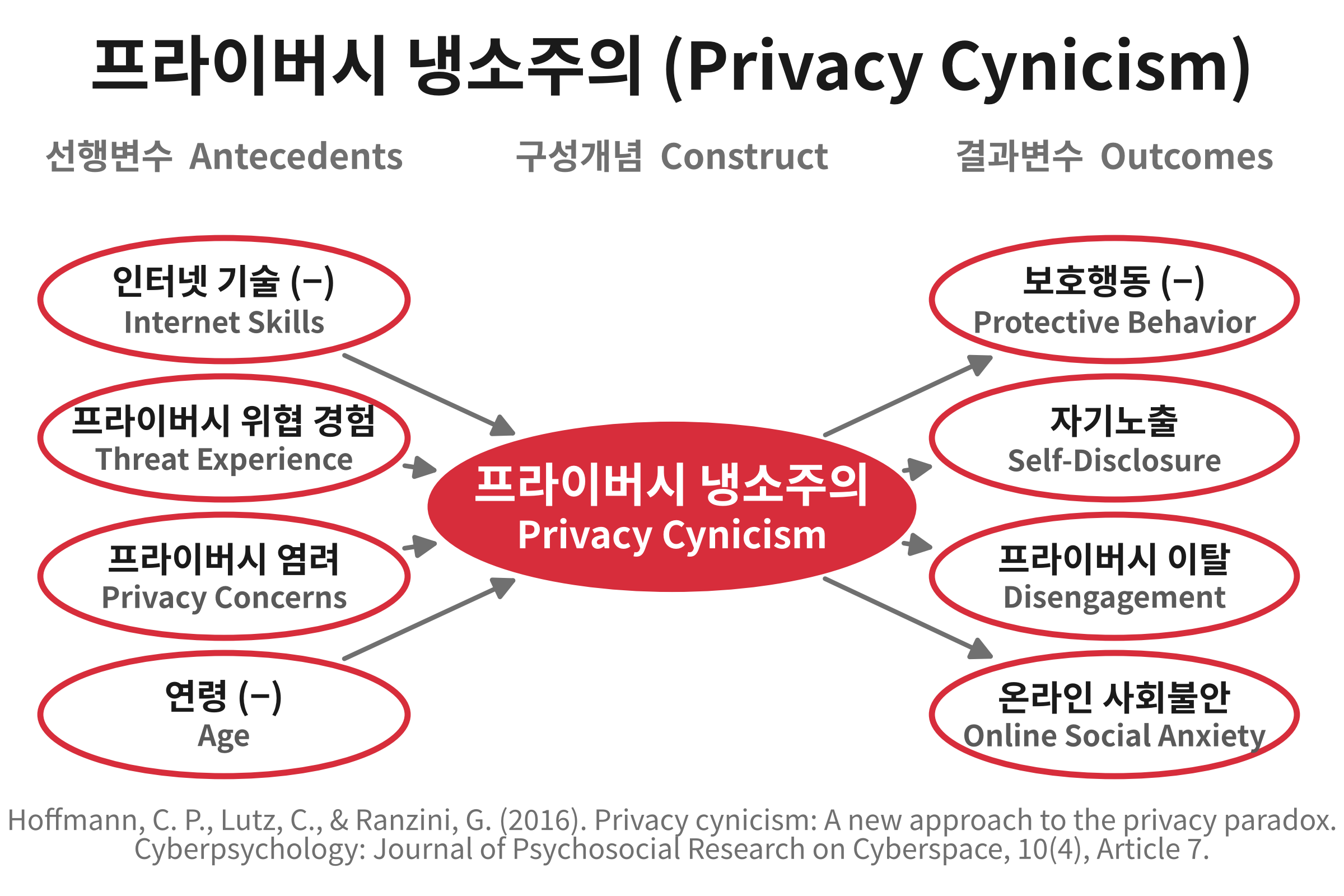 프라이버시 냉소주의(Privacy Cynicism)의 선행변수와 결과변수 개념도. 인터넷 기술과 프라이버시 위협 경험, 프라이버시 염려가 프라이버시 냉소주의에 영향을 주고, 프라이버시 냉소주의는 보호행동의 철회와 자기노출로 이어진다